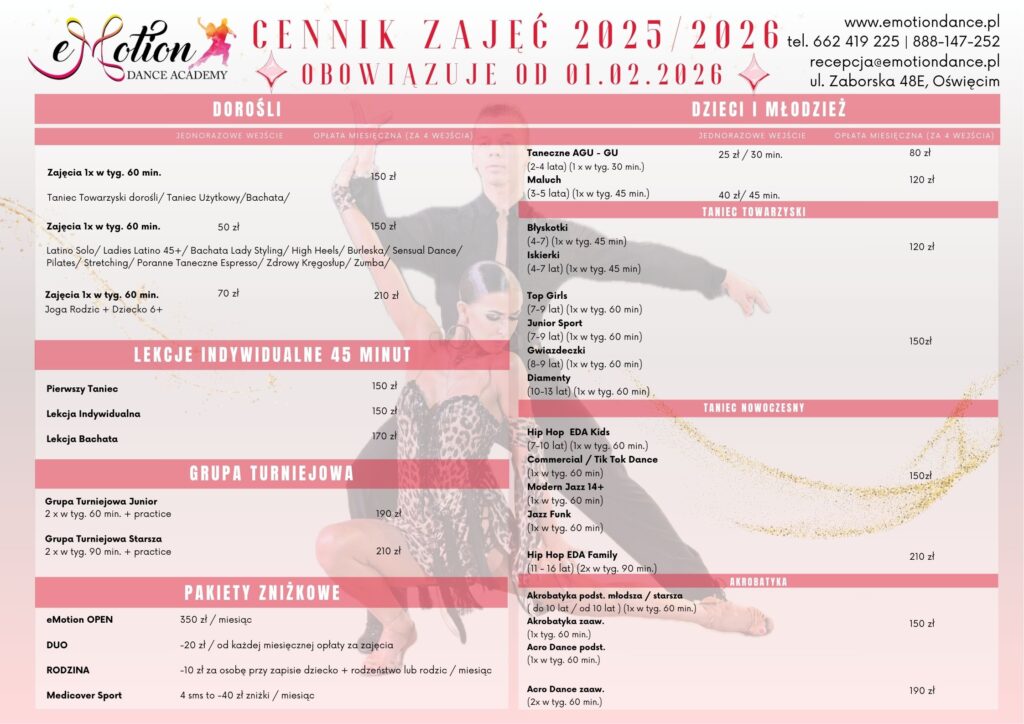 Cennik zajęć od 01.02.2026